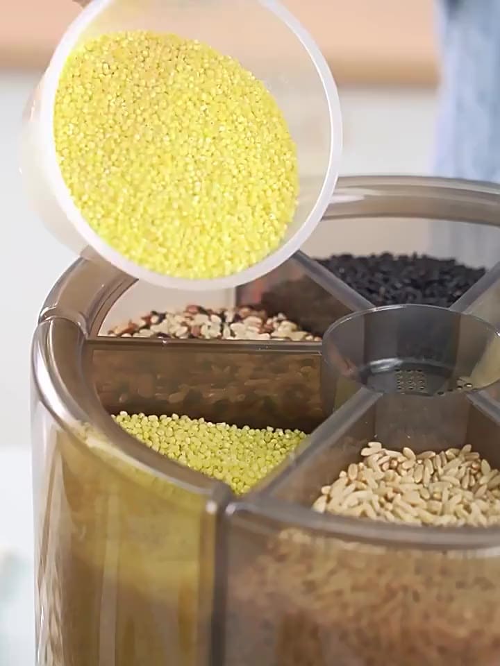 Caixa de embalagem multigrãos de cereais com tanque de armazenamento de alimentos giratório de 6 grades