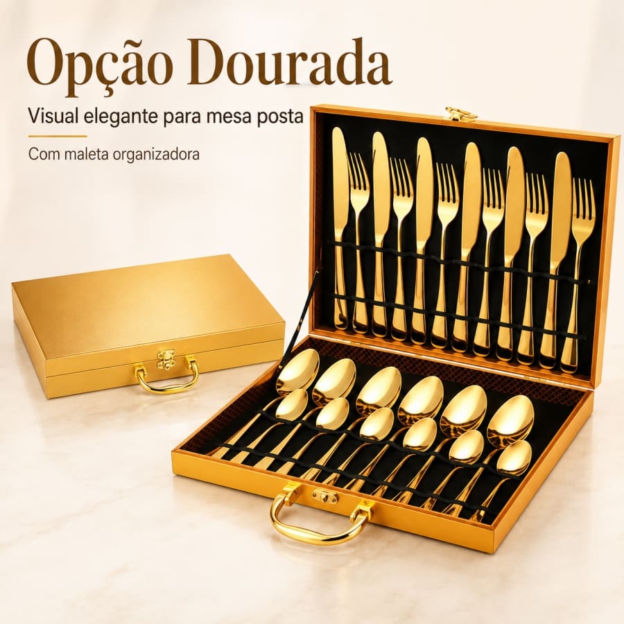 Jogo de Talheres 24 Peças em Aço Inox Premium Luxo | Acompanha Maleta