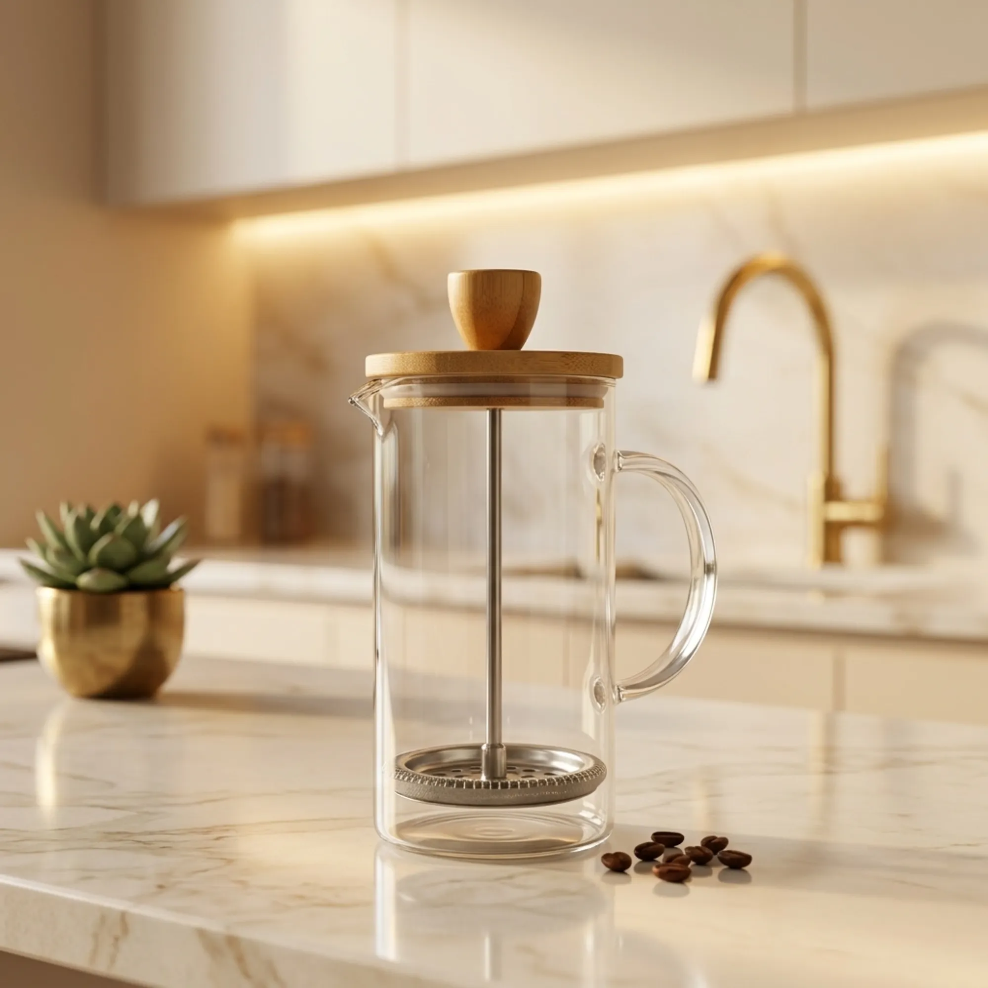 Cafeteira Prensa Francesa Vidro 3 em 1 | 350ml Com Tampa Bambu